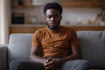 young African American man sitting on the couch at home, experiencing nausea and severe pain, holding his , showing signs of discomfort, and awaiting relief from illness, Generative AI