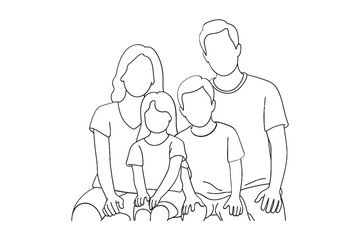 Simple line drawing of a family of four posed together against a white background
