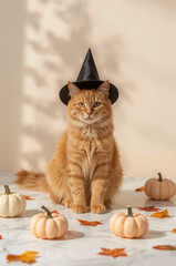 Cute Ginger Cat Wearing Witch Hat with Pumpkins on White Marble Table &ndash; Cozy Halloween Stock Photo
