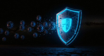 Abstract visualization of a digital security firewall or immune system shield deflecting a virus attack