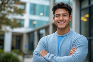 Portrait of a young Hispanic freelancer businessman standing outside an office building, smiling at the camera with crossed arms, displaying confidence and pride in his work, Generative AI