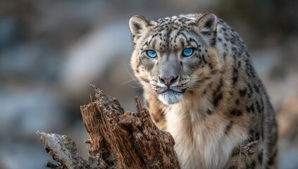 Obraz premium A captivating snow leopard with piercing blue eyes gazes intently from atop a weathered log, showcasing its striking beauty against a softly blurred background.