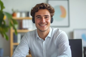 Portrait of a young businessman in a headset, sitting at a desk in the office, smiling and looking confidently at the camera, exuding professionalism and self-assurance in his work, Generative AI