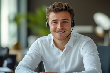 Portrait of a young businessman in a headset, sitting at a desk in the office, smiling and looking confidently at the camera, exuding professionalism and self-assurance in his work, Generative AI