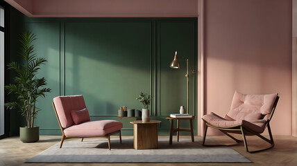 Minimalist interior space with a focus on a large, light Red accent wall. The room features a light wooden floor and a white ceiling with recessed high lighting.