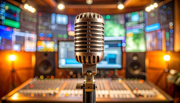 Retro microphone in a professional recording studio, surrounded by monitors and audio equipment