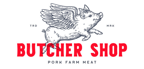 Fly piggly, pig, piglet with wings. Vintage retro pig print, black white fly piggly drawing, piglet with wings, grunge pig old school style. Silhouette angel pig, piglet, piggly. Vector Illustration