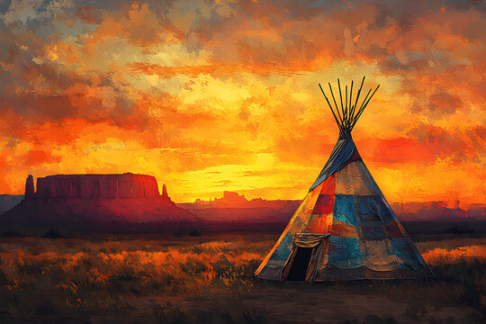 Historical painting of Native American tipis on the Western frontier, representing Indigenous culture, Old West traditions, and life on the American Great Plains during the 19th century.