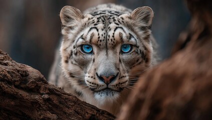 Obraz premium Close-up view of a snow leopard with striking blue eyes, gazing intently through a blurred backdrop of weathered wood.