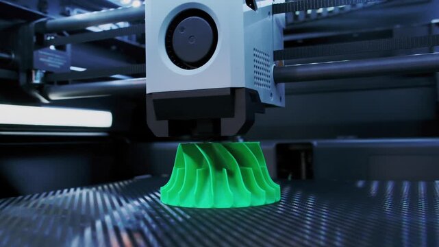 Closeup Shot of Creating Green Vase With a 3D Printer in a Workshop Setting