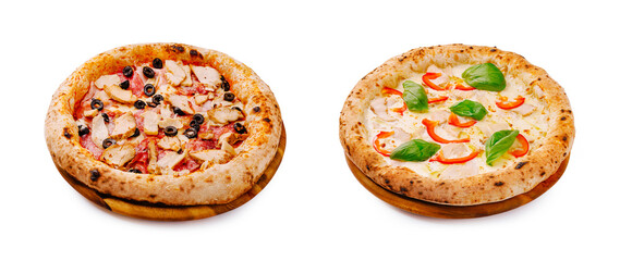 Delicious handmade pizzas topped with fresh ingredients on wooden plates