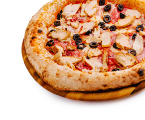 Delicious pizza topped with chicken and olives on a wooden board