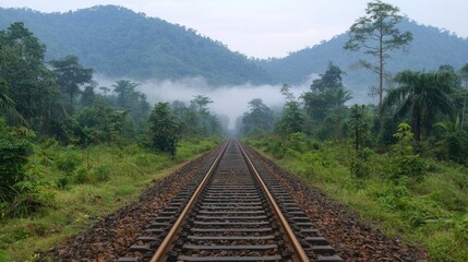 Fototapeta premium Long straight railway tracks stretching into foggy distance through dense forest, early morning mist with diffused natural light. 