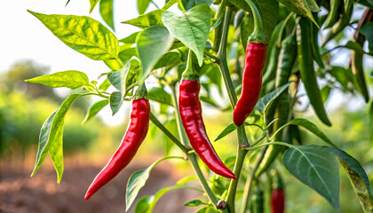 Red Chili Peppers in field, Red Chilies growing in field in natural warm sunlight background