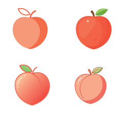 A collection of four different vector illustrations of peaches in various styles, featuring different shapes, colors, and designs for multiple uses.