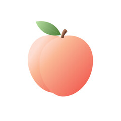 A fresh, ripe peach with a green leaf and a brown stem. The fruit has a soft, gradient color from light pink to orange.