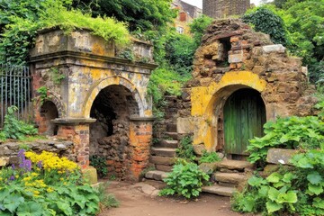 Ruined arches, overgrown with plants, in a garden setting