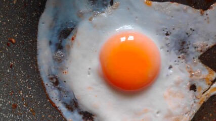 Close-up on a fried egg still in the pan