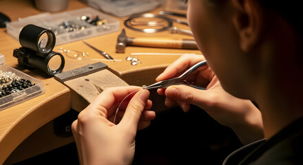 Jeweler meticulously crafting a delicate diamond necklace at a professional workshop table