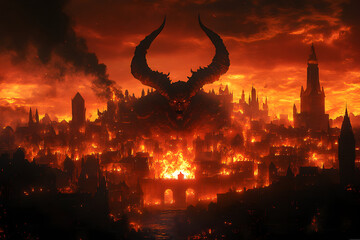 Massive demon rising above cursed town in underworld, hellish landscape of fire, destruction, and dark fantasy mythology environment