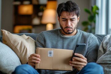 Worried Hispanic man sitting on the sofa at home, holding a parcel and a phone, looking upset and disappointed, reflecting concerns over an unexpected situation or delivery, Generative AI