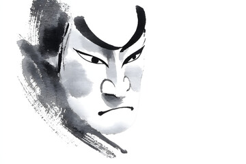 Ink painting portrait of a Kabuki actor with Kumadori makeup, symbolizing Japanese traditional culture © dadakko