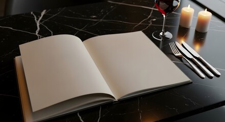 Elegant mockup of an open menu on a black marble restaurant table with red wine and candlelight for a romantic dinner concept