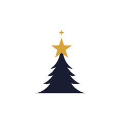 Fototapeta premium Christmas tree silhouette with golden star decoration on treetop. Decoration for holidays, vector icon illustration 
