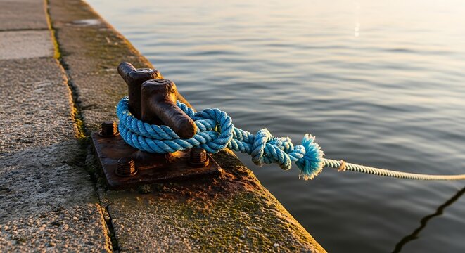 Blue nautical rope securely tied to a rusty metal cleat on a concrete dock by the water at sunset.