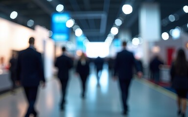 blurred business people walking at a trade fair, conference or walking in a modern hall, motion speed blur,  wide panoramic banner. High quality