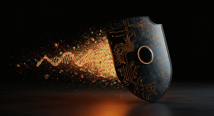 Conceptual visualization of cyber immunity, where a futuristic technology shield provides digital protection for genetic DNA data