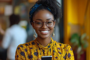 Happy and successful woman boss celebrating a victory in the office, smiling as she holds her phone with a victory gesture, showing contentment with her professional achievements, Generative AI