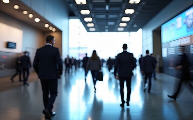 blurred business people walking at a trade fair, conference or walking in a modern hall, motion speed blur,  wide panoramic banner. High quality