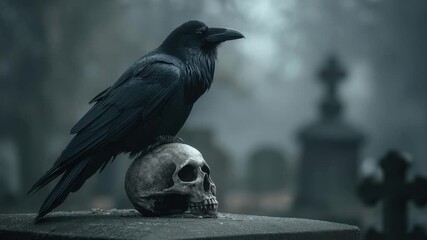 A black raven perches solemnly on a human skull in a foggy graveyard - Powered by Adobe