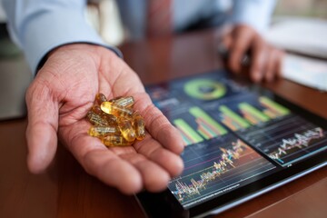 Businessman Holding Capsules with Stock Market Tablet in Background.