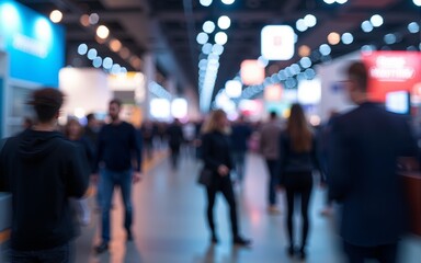 Dynamic trade show floor with motion blur of attendees, highlighting the vibrant energy of industry events. High quality