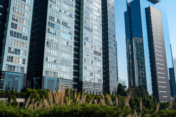 Residential towers in Santa Fe, Mexico City, Mexico, seen with landscaped greenery, showing modern facades, glass surfaces and integration of architecture within urban living environment