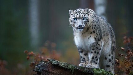 Fototapeta premium A majestic snow leopard stands alert on a weathered log, its striking blue eyes captivating the viewer in a misty forest setting.