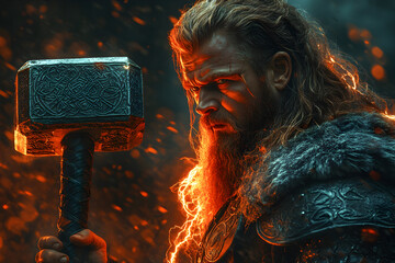 Epic portrait of the Norse god Thor wielding his hammer Mjölnir during a dramatic lightning storm, with dynamic energy, glowing thunder, and mythological heroic atmosphere