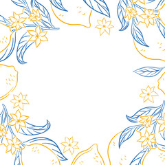Branch frame with lemon, leaf and blossom flower in line art style on a white background. Design for greeting cards, website banner.