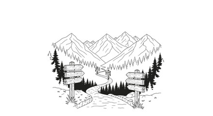Fototapeta premium Monochrome mountain landscape with winding path and directional signs artwork