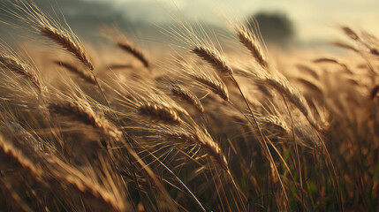 Golden wheat fields swaying in the warm summer breeze, cinematic focus