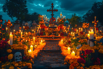 Atmospheric nighttime view of a Mexican Day of the Dead cemetery, illuminated by flickering candles, adorned with marigolds, decorated graves, and traditional colorful offerings, celebrating ancestral