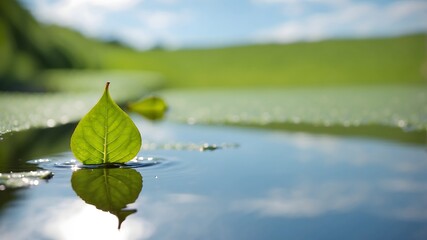 Macro water droplet on green leaf reflecting blue sky and landscape, fresh nature background with eco concept
