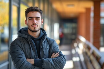Portrait of a young male student sitting confidently at a desk in an office, smiling at the camera, studying remotely from a laptop, symbolizing focus and engagement in education, Generative AI