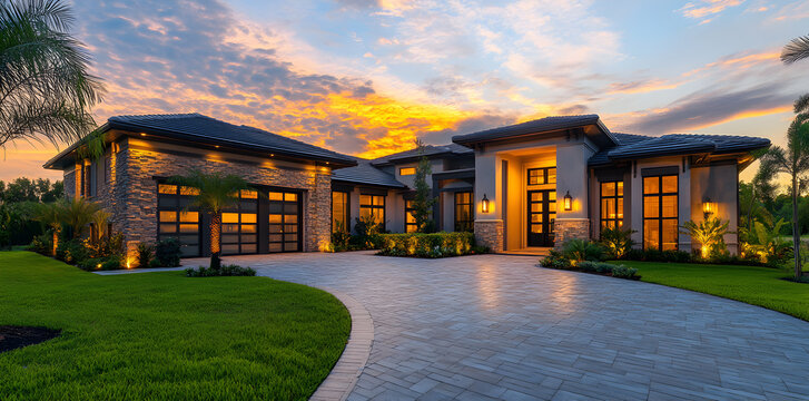 Contemporary upscale house exterior in evening light, showcasing paver driveway, sleek faux stone siding, ambient outdoor lighting, and a wide-angle banner composition for real estate use