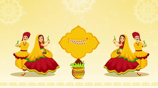 Happy Navratri Celebration Background with Couples Dancing Garba and Dandiya Raas

