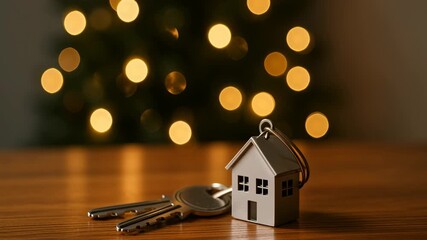 Welcome happy christmas home scene with house key and warm bokeh lights wooden table, happy welcome christmas home keys wooden - Powered by Adobe