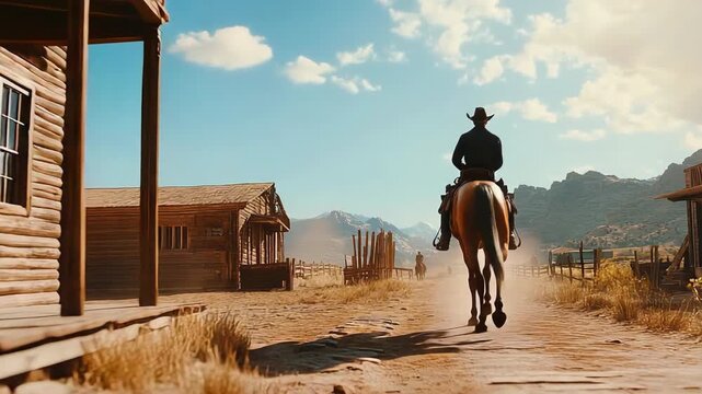 Cowboy riding horseback slowly walking through wooden wild west town street
