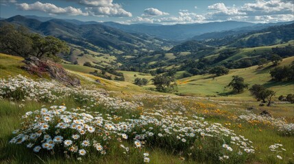 Naklejka premium Mountain meadow blanketed in wildflowers